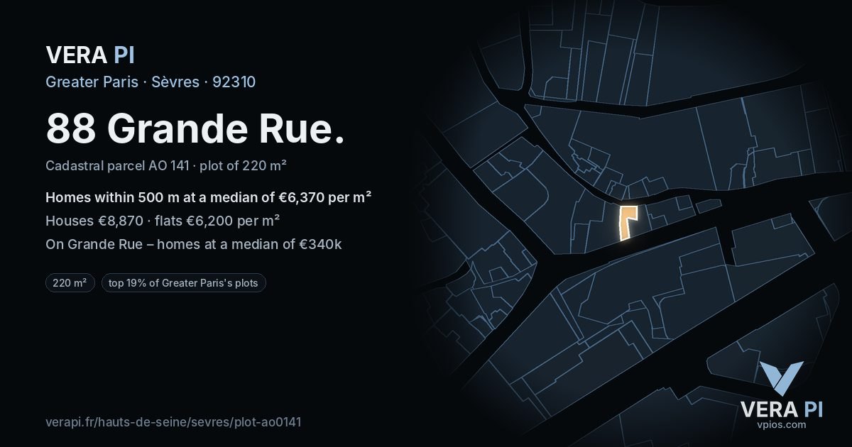 88 Grande Rue, Sèvres at night – the plot lit, the parcels around coloured by the prices near them