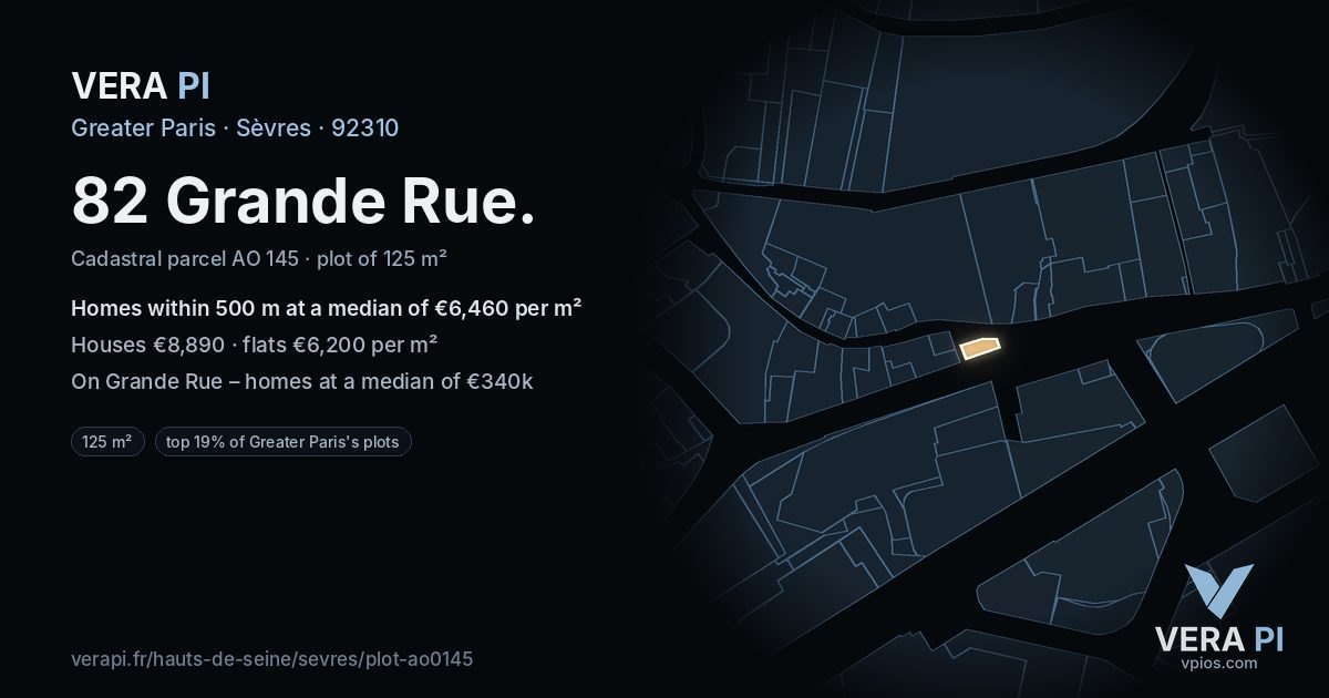 82 Grande Rue, Sèvres at night – the plot lit, the parcels around coloured by the prices near them