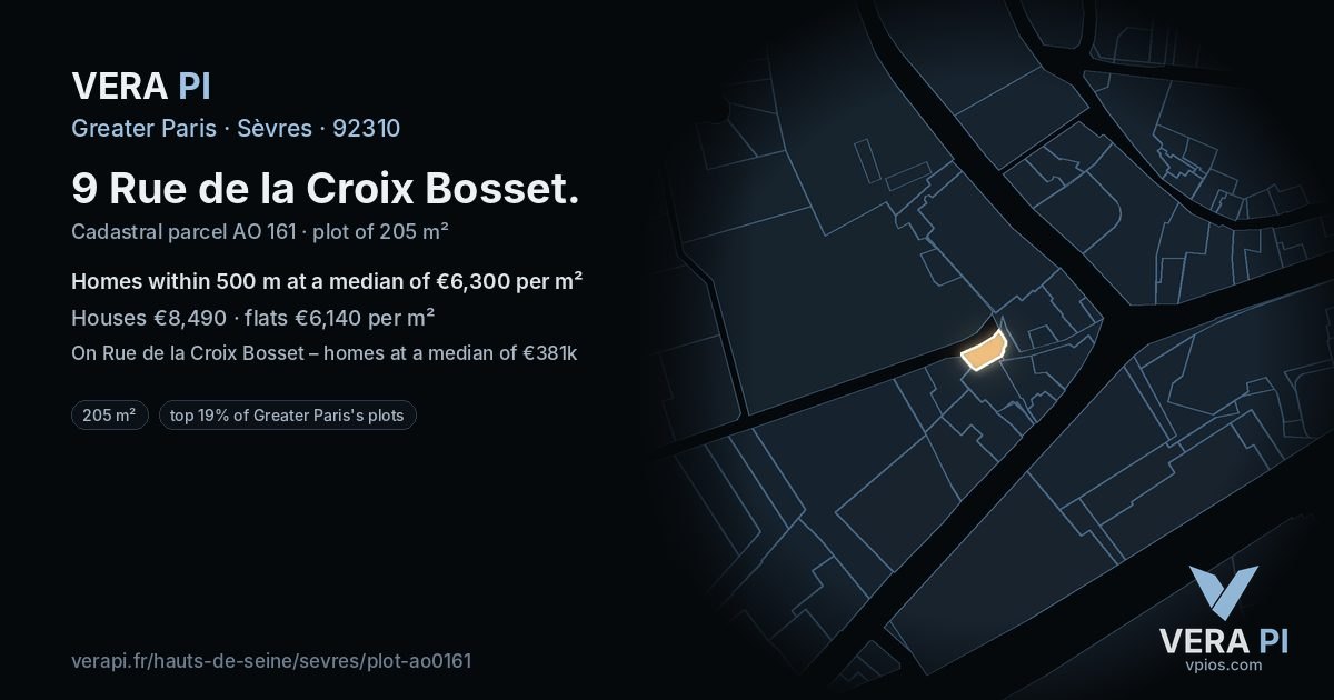 9 Rue de la Croix Bosset, Sèvres at night – the plot lit, the parcels around coloured by the prices near them