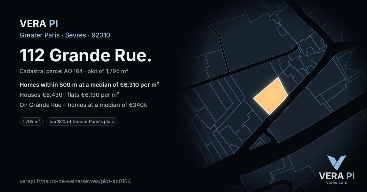 112 Grande Rue, Sèvres at night – the plot lit, the parcels around coloured by the prices near them