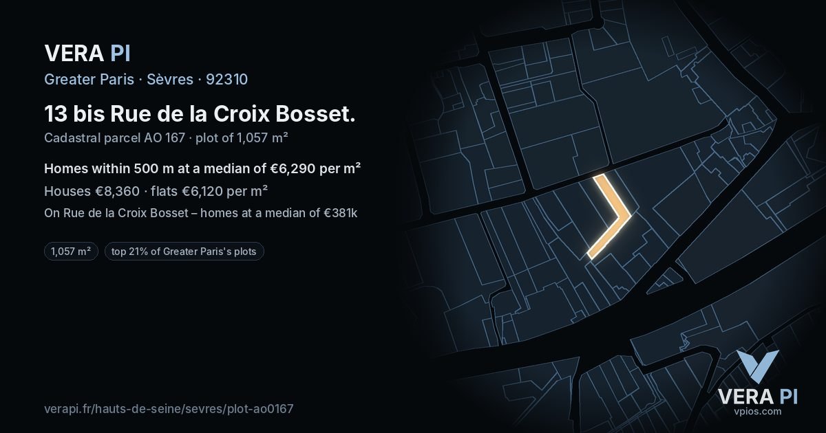 13 bis Rue de la Croix Bosset, Sèvres at night – the plot lit, the parcels around coloured by the prices near them