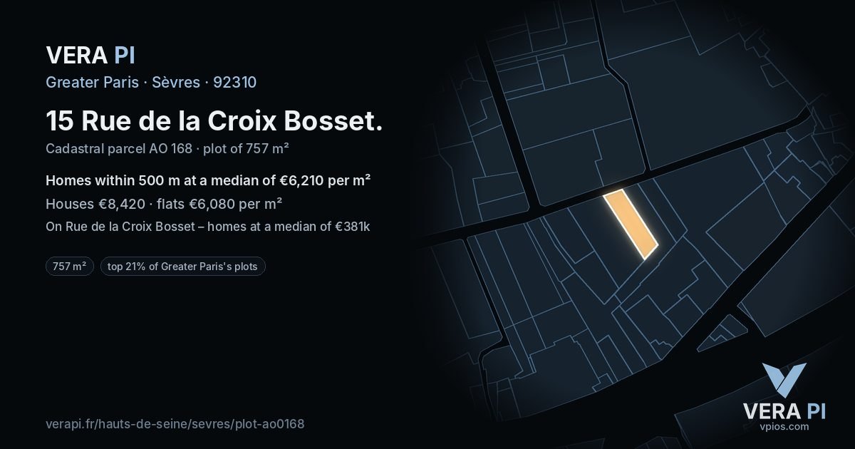15 Rue de la Croix Bosset, Sèvres at night – the plot lit, the parcels around coloured by the prices near them