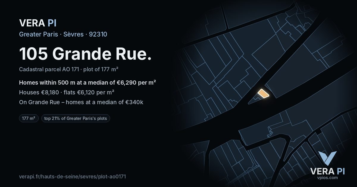 105 Grande Rue, Sèvres at night – the plot lit, the parcels around coloured by the prices near them