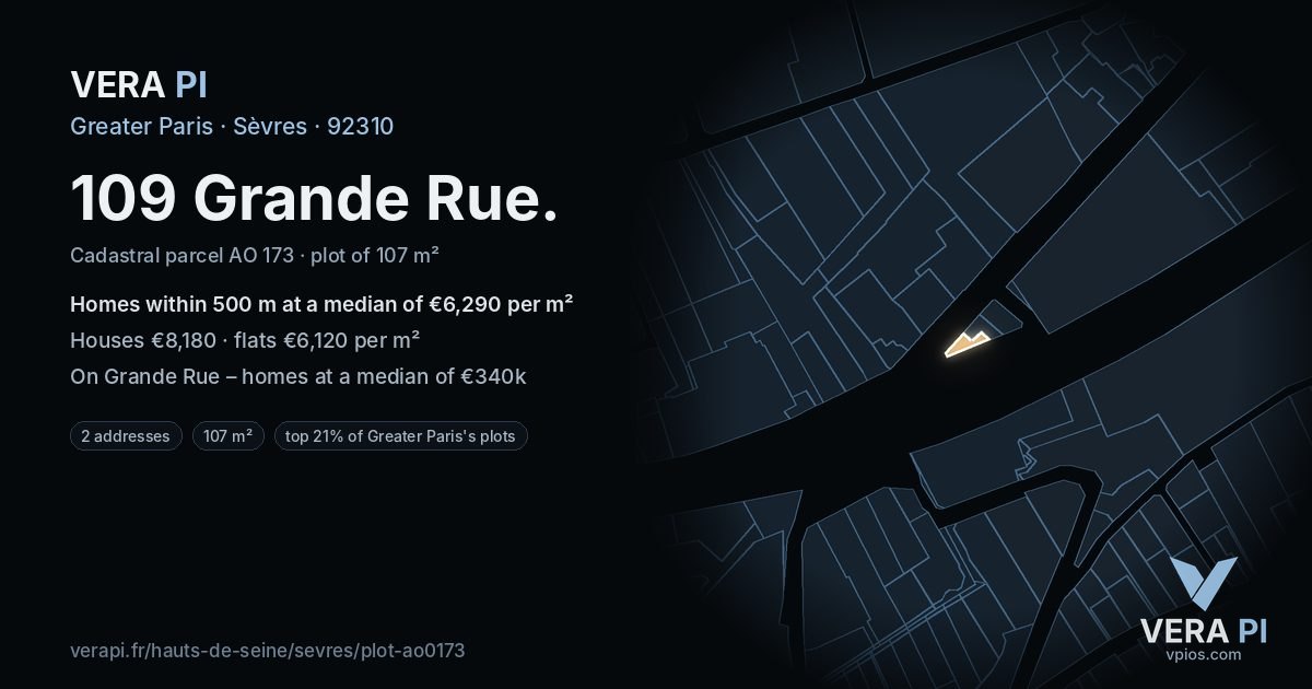 109 Grande Rue, Sèvres at night – the plot lit, the parcels around coloured by the prices near them