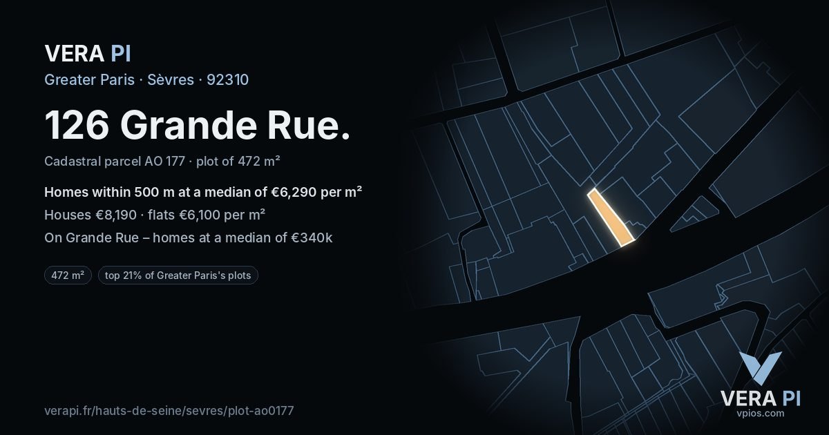 126 Grande Rue, Sèvres at night – the plot lit, the parcels around coloured by the prices near them