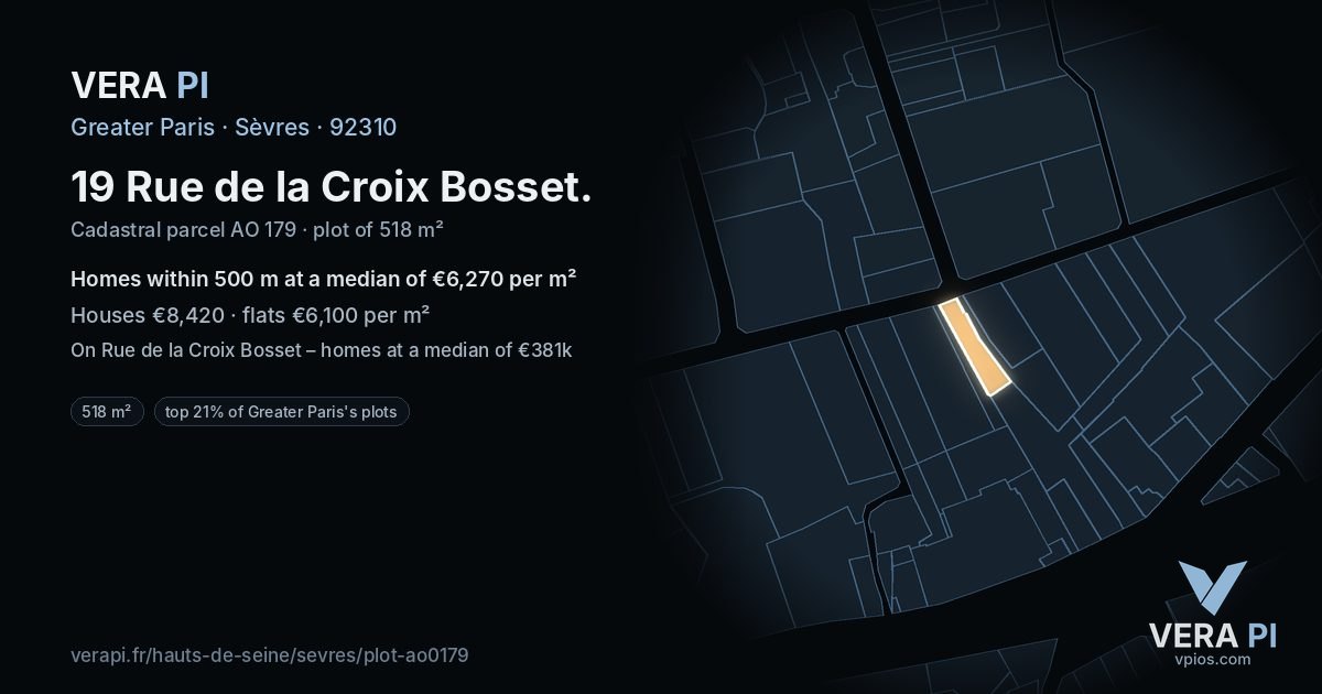 19 Rue de la Croix Bosset, Sèvres at night – the plot lit, the parcels around coloured by the prices near them