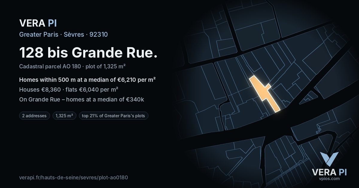 128 bis Grande Rue, Sèvres at night – the plot lit, the parcels around coloured by the prices near them