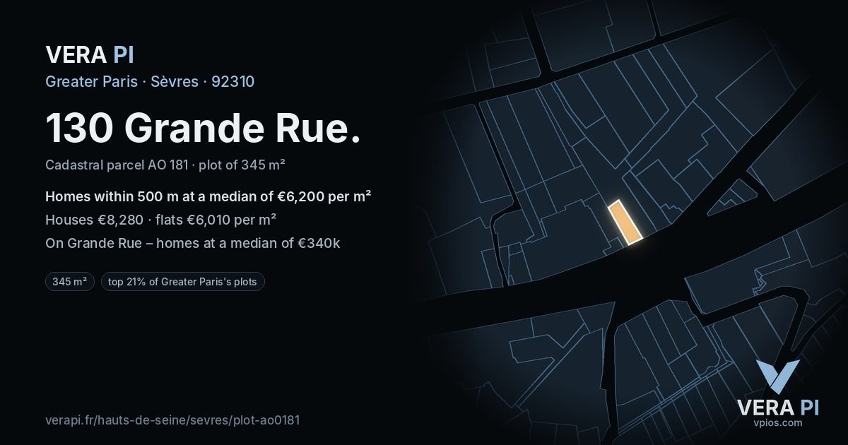130 Grande Rue, Sèvres at night – the plot lit, the parcels around coloured by the prices near them