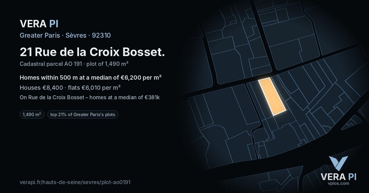 21 Rue de la Croix Bosset, Sèvres at night – the plot lit, the parcels around coloured by the prices near them