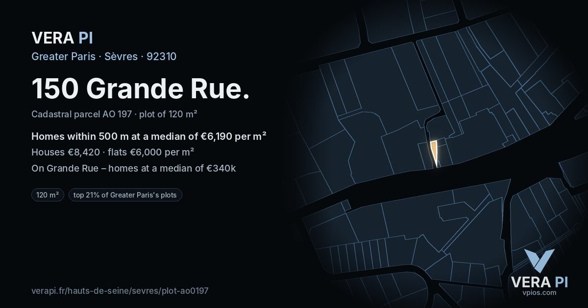150 Grande Rue, Sèvres at night – the plot lit, the parcels around coloured by the prices near them