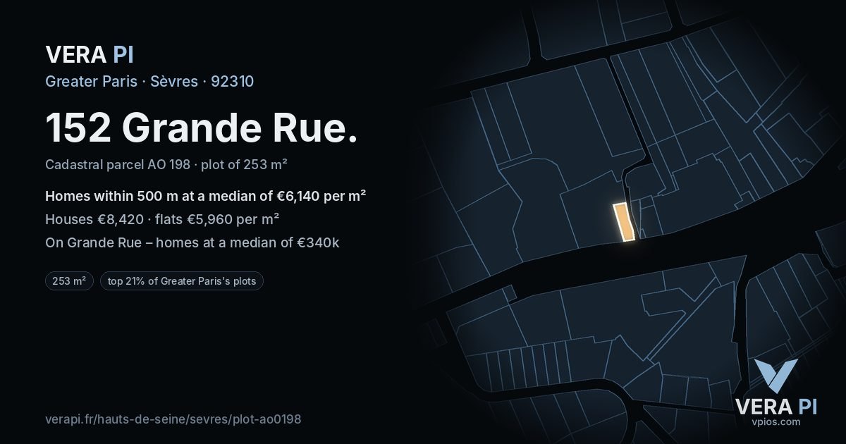 152 Grande Rue, Sèvres at night – the plot lit, the parcels around coloured by the prices near them