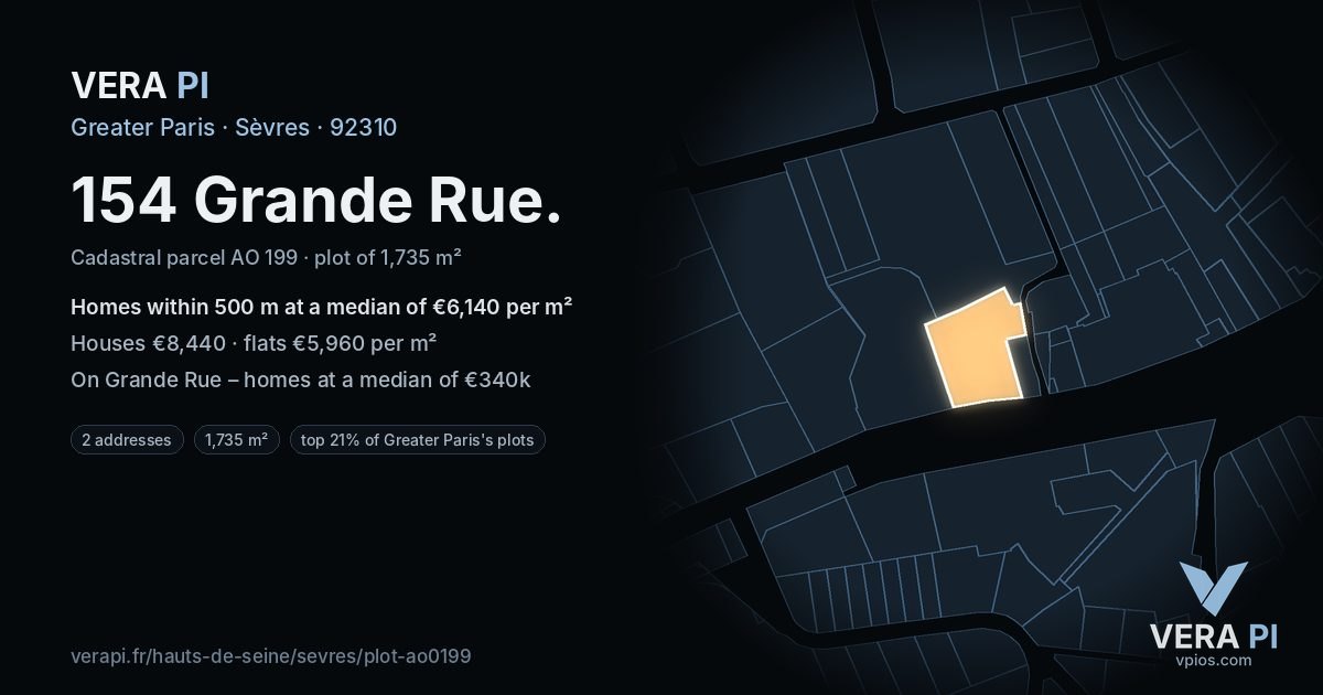 154 Grande Rue, Sèvres at night – the plot lit, the parcels around coloured by the prices near them