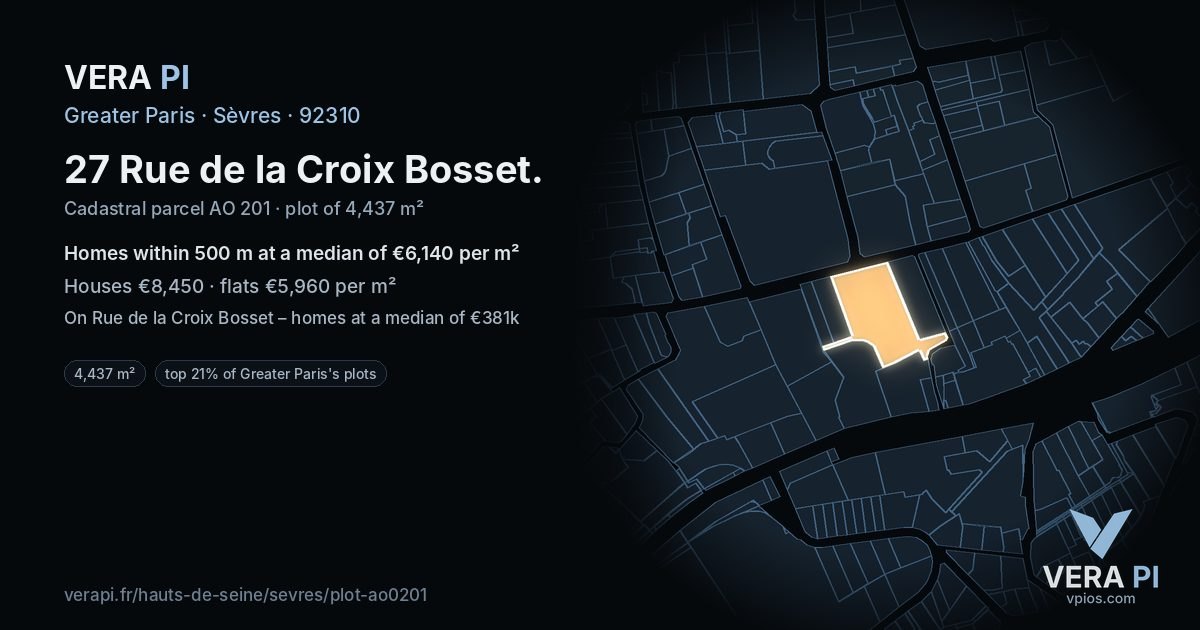 27 Rue de la Croix Bosset, Sèvres at night – the plot lit, the parcels around coloured by the prices near them