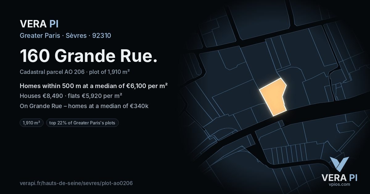 160 Grande Rue, Sèvres at night – the plot lit, the parcels around coloured by the prices near them