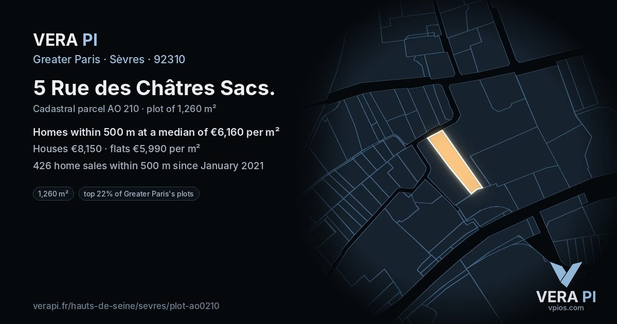 5 Rue des Châtres Sacs, Sèvres at night – the plot lit, the parcels around coloured by the prices near them