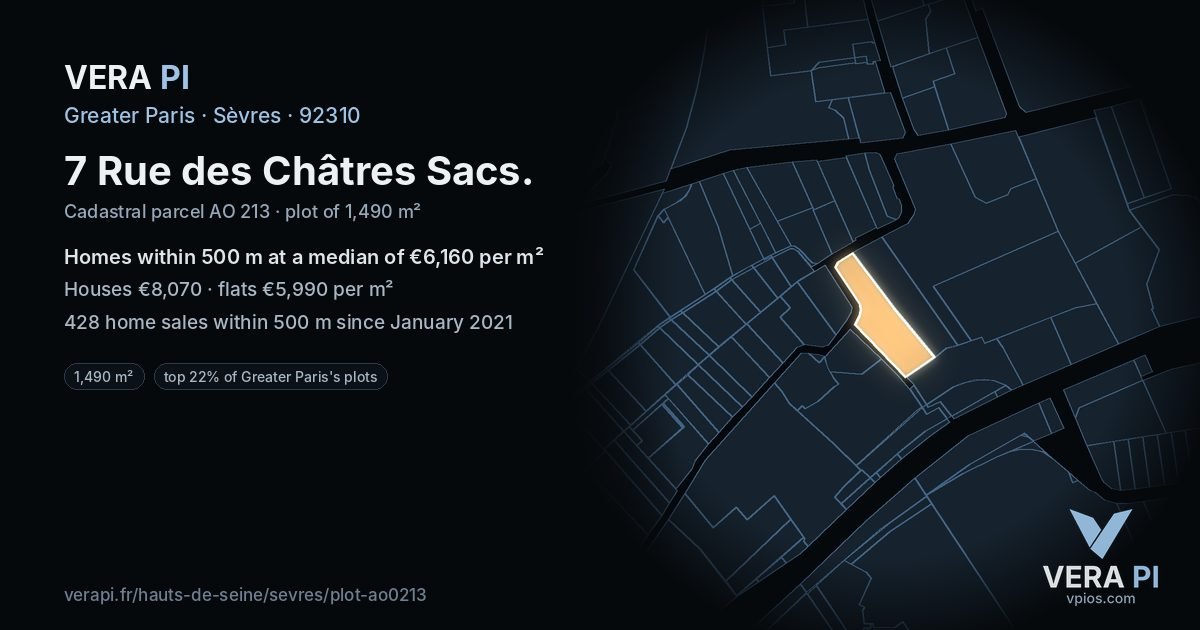7 Rue des Châtres Sacs, Sèvres at night – the plot lit, the parcels around coloured by the prices near them