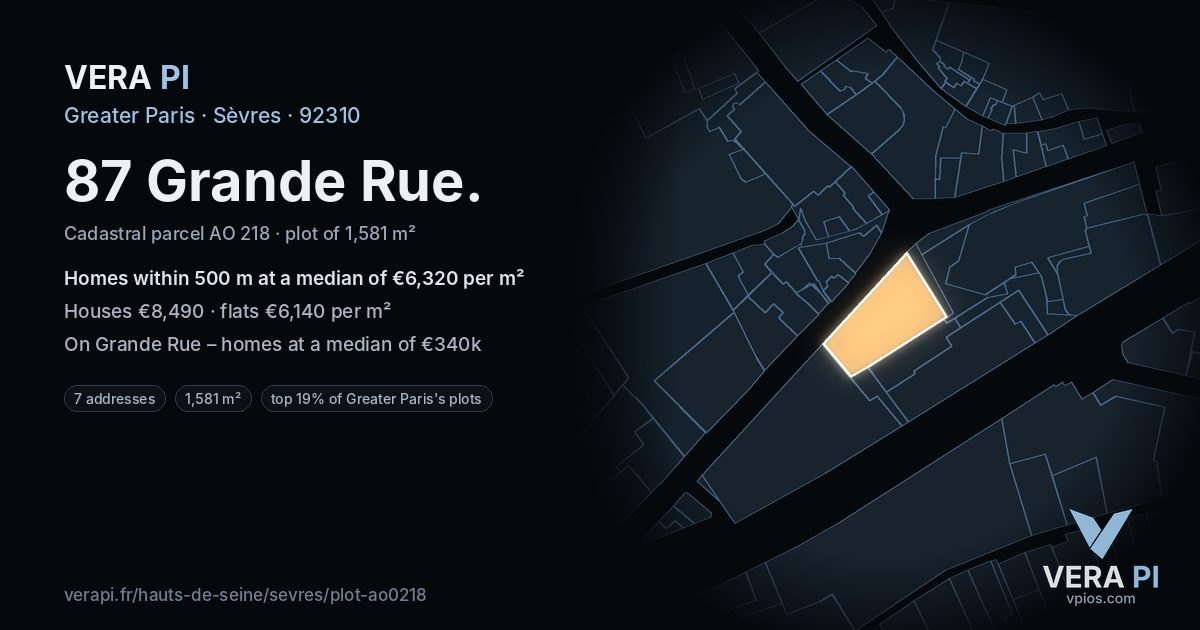 87 Grande Rue, Sèvres at night – the plot lit, the parcels around coloured by the prices near them