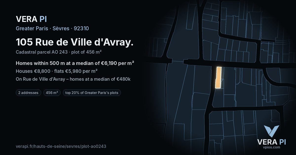 105 Rue de Ville d'Avray, Sèvres at night – the plot lit, the parcels around coloured by the prices near them