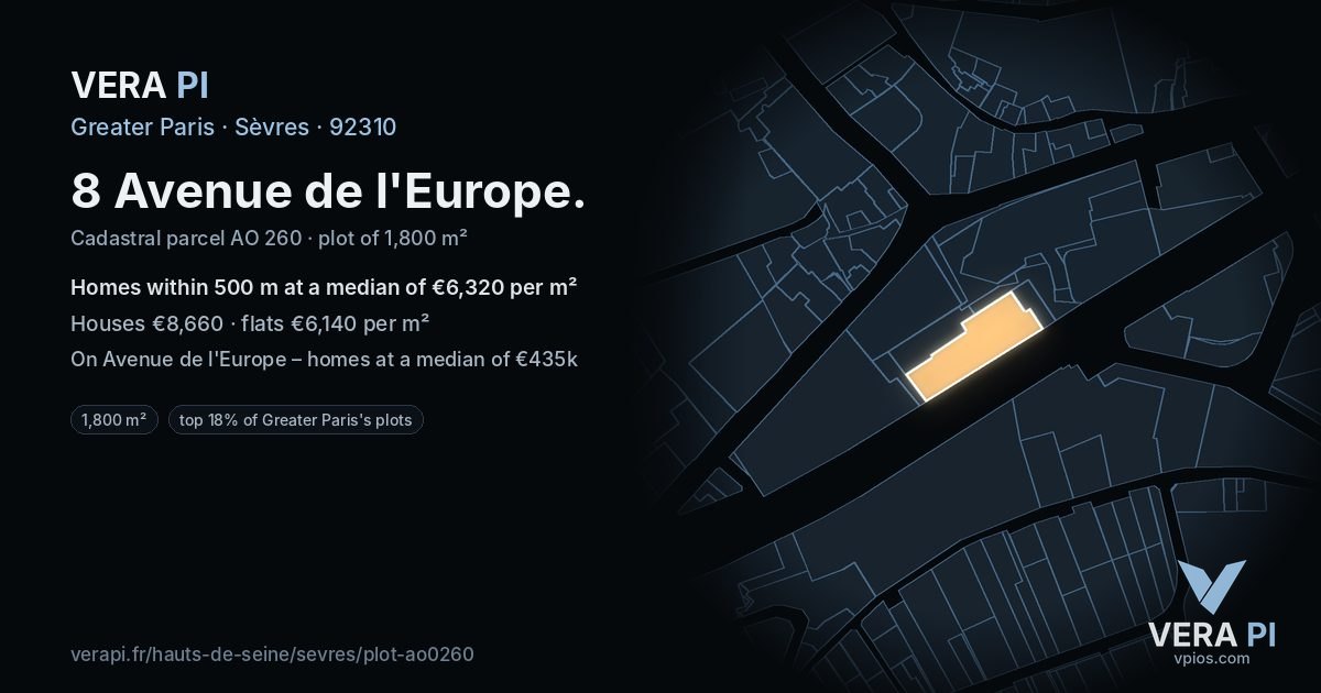 8 Avenue de l'Europe, Sèvres at night – the plot lit, the parcels around coloured by the prices near them