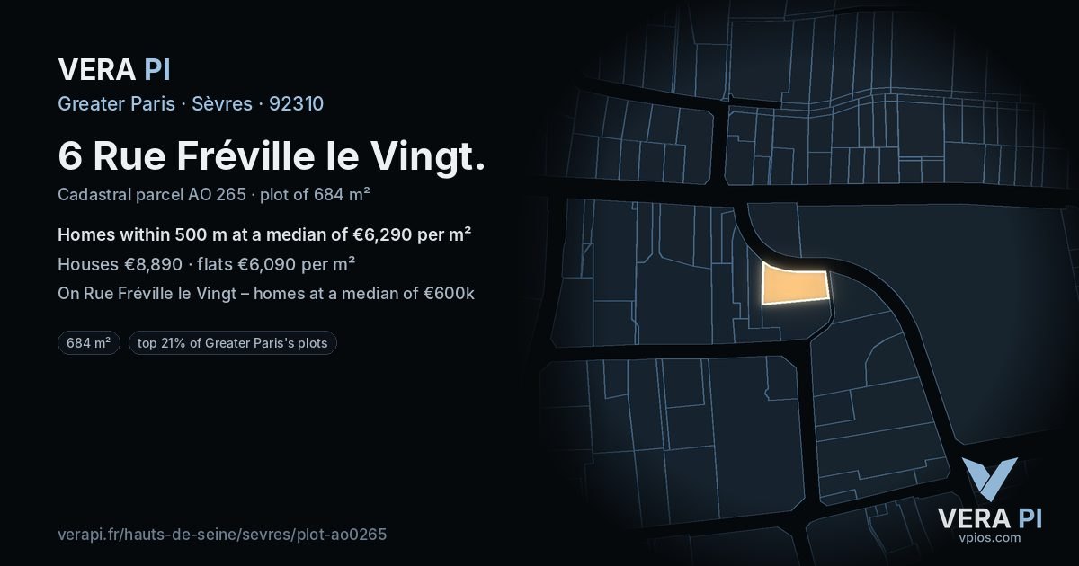 6 Rue Fréville le Vingt, Sèvres at night – the plot lit, the parcels around coloured by the prices near them