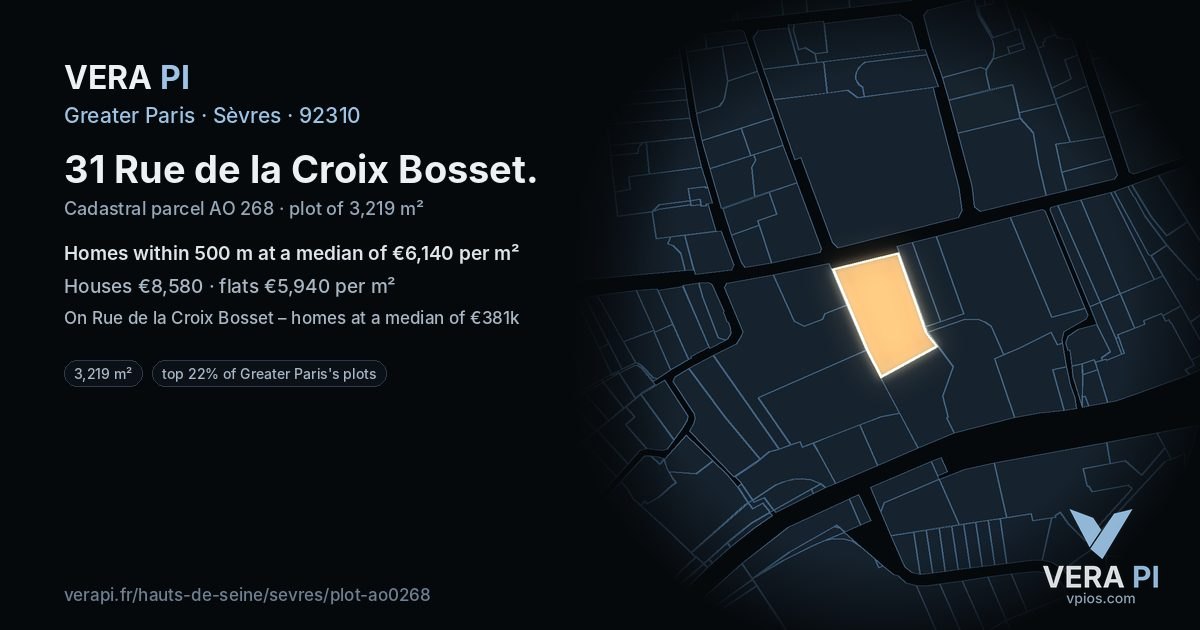 31 Rue de la Croix Bosset, Sèvres at night – the plot lit, the parcels around coloured by the prices near them