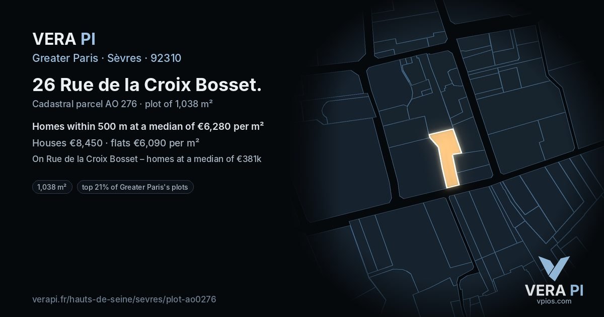 26 Rue de la Croix Bosset, Sèvres at night – the plot lit, the parcels around coloured by the prices near them