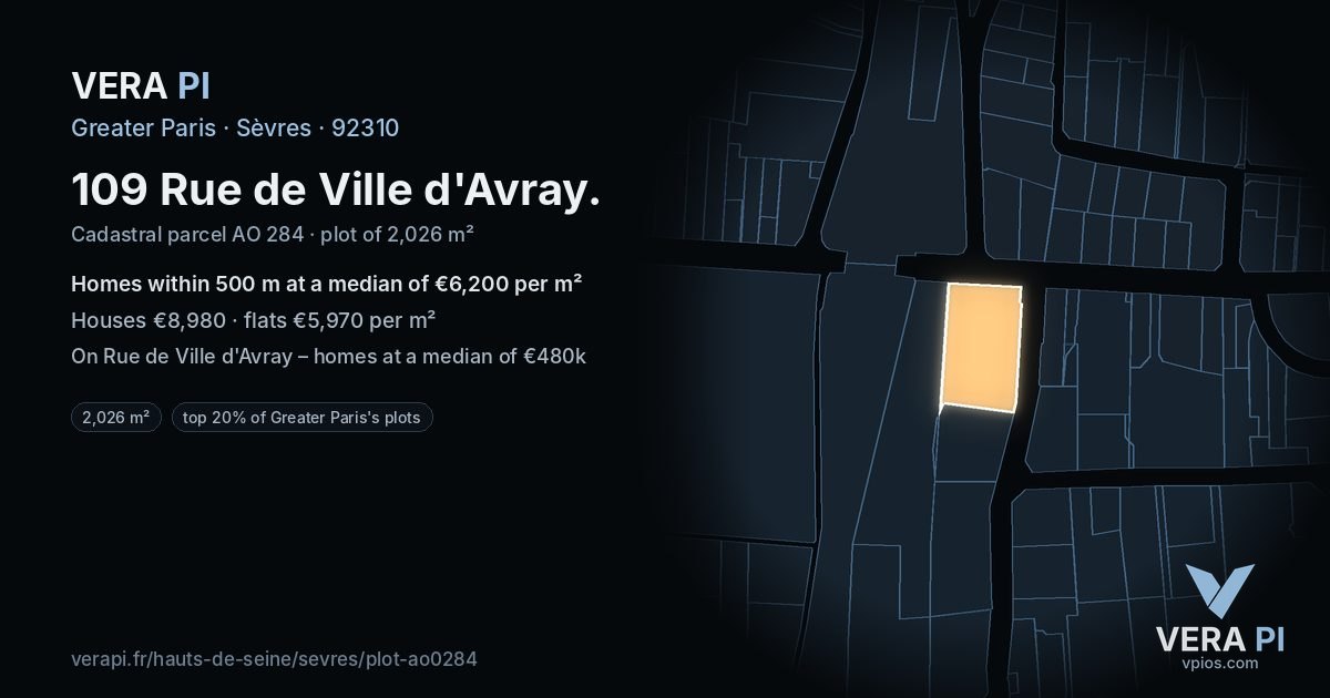 109 Rue de Ville d'Avray, Sèvres at night – the plot lit, the parcels around coloured by the prices near them