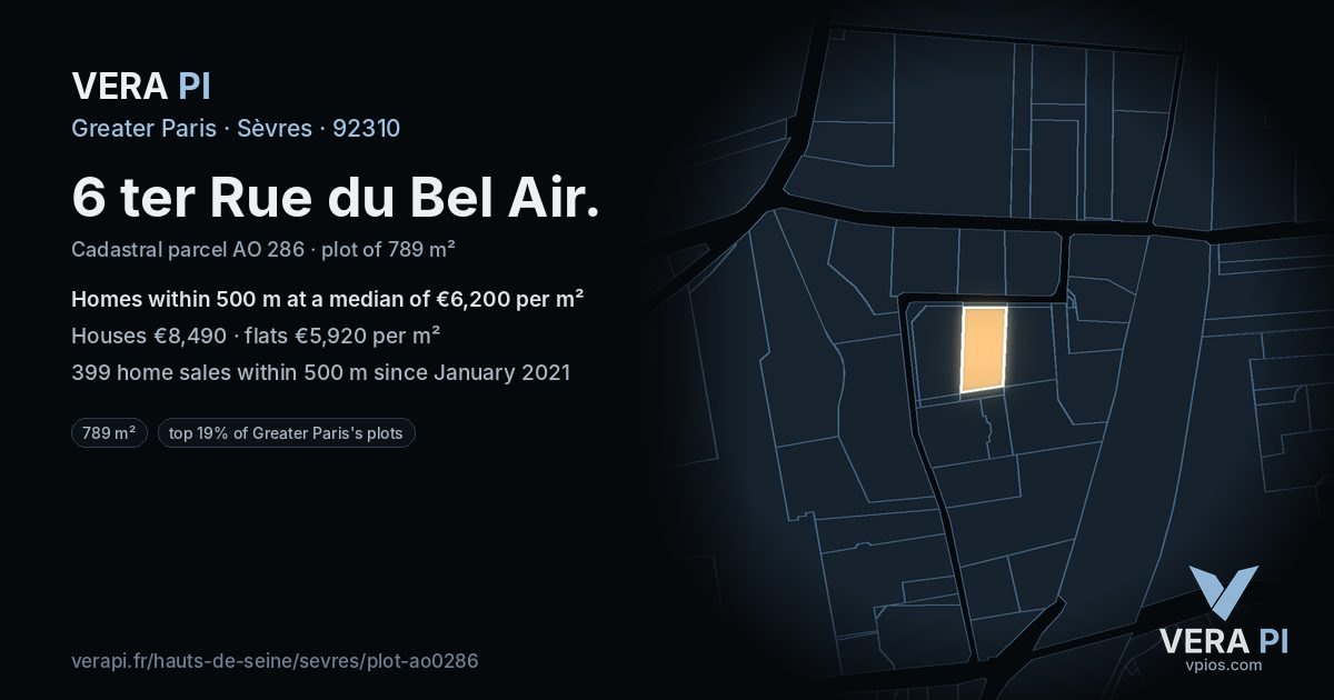 6 ter Rue du Bel Air, Sèvres at night – the plot lit, the parcels around coloured by the prices near them