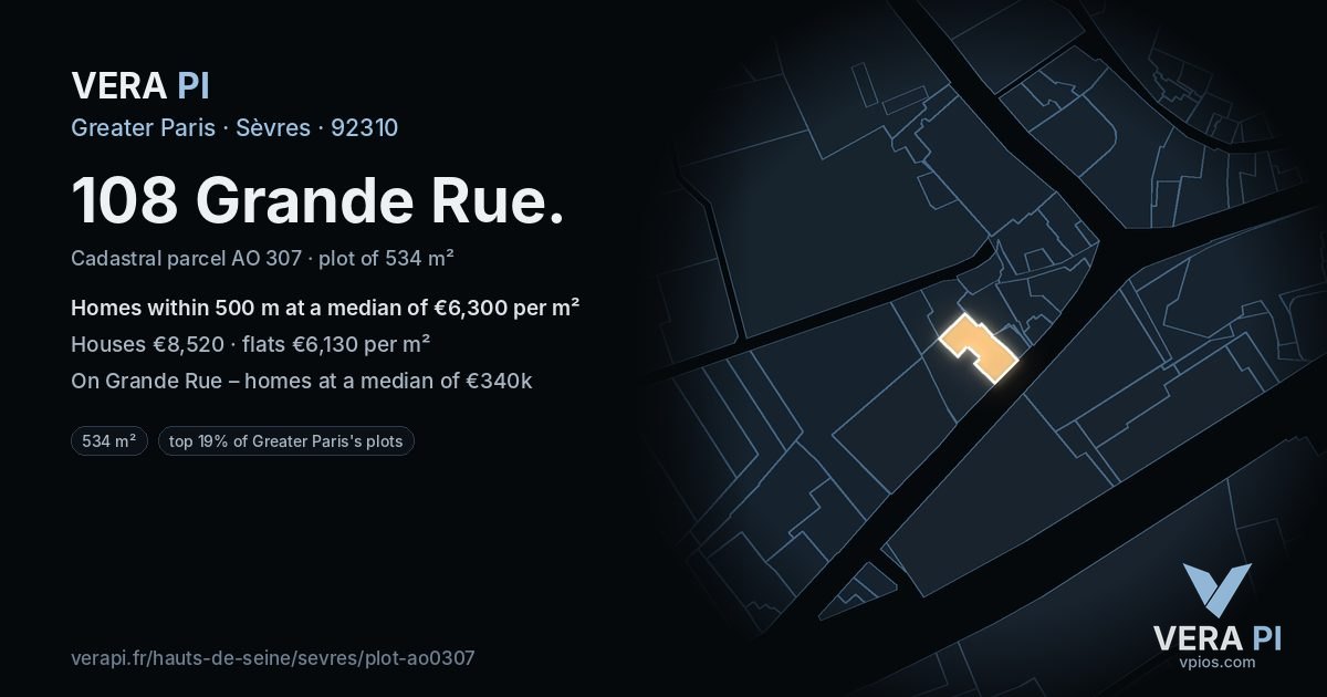 108 Grande Rue, Sèvres at night – the plot lit, the parcels around coloured by the prices near them