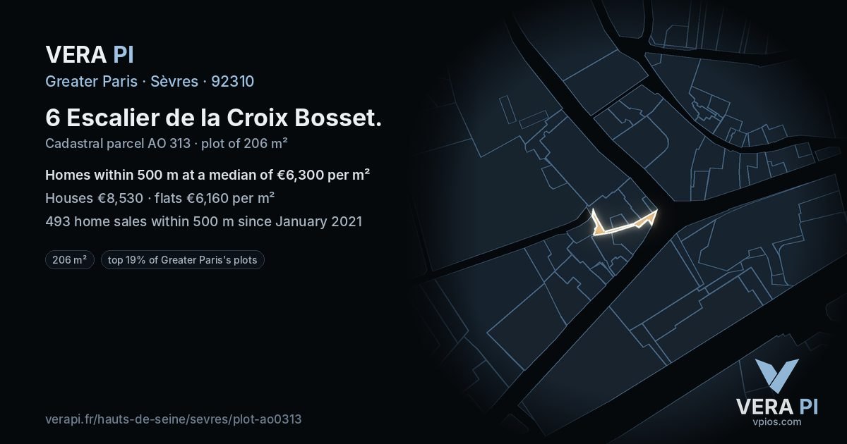 6 Escalier de la Croix Bosset, Sèvres at night – the plot lit, the parcels around coloured by the prices near them