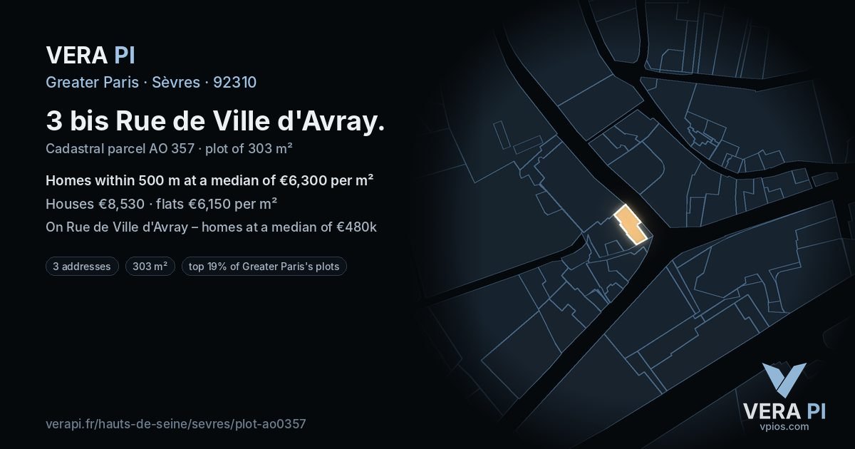 3 bis Rue de Ville d'Avray, Sèvres at night – the plot lit, the parcels around coloured by the prices near them