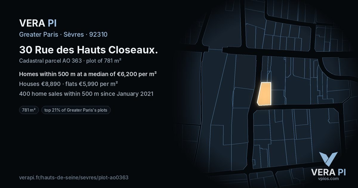 30 Rue des Hauts Closeaux, Sèvres at night – the plot lit, the parcels around coloured by the prices near them