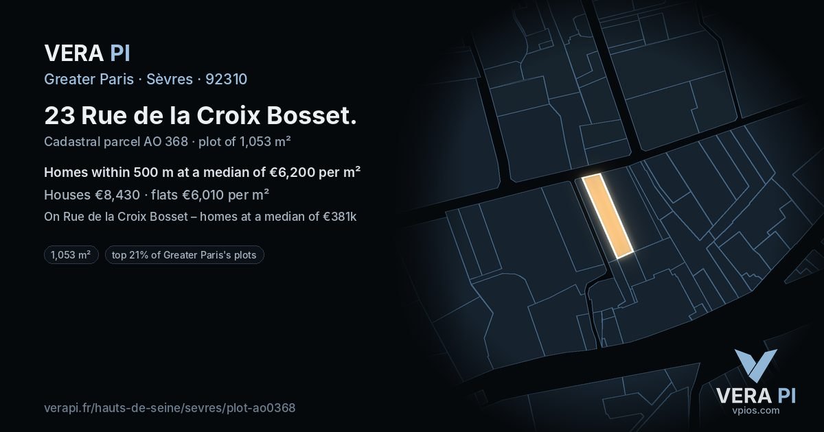 23 Rue de la Croix Bosset, Sèvres at night – the plot lit, the parcels around coloured by the prices near them