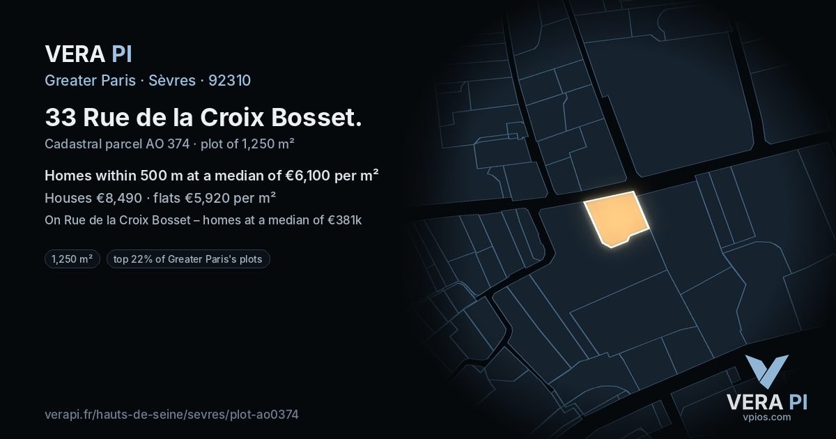 33 Rue de la Croix Bosset, Sèvres at night – the plot lit, the parcels around coloured by the prices near them