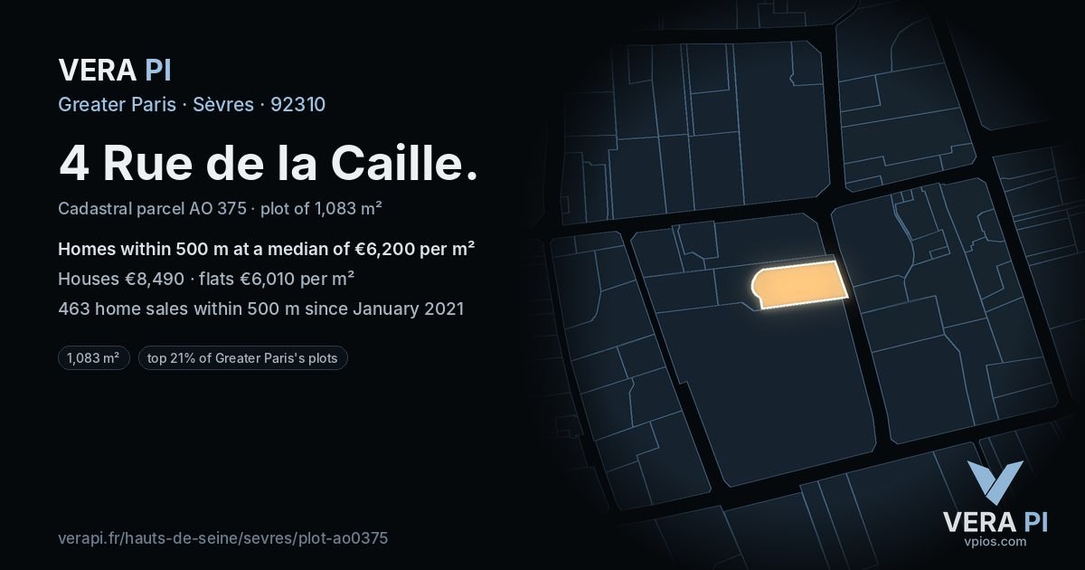 4 Rue de la Caille, Sèvres at night – the plot lit, the parcels around coloured by the prices near them