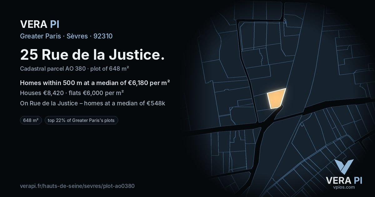 25 Rue de la Justice, Sèvres at night – the plot lit, the parcels around coloured by the prices near them