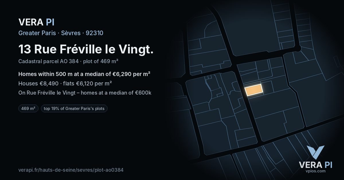 13 Rue Fréville le Vingt, Sèvres at night – the plot lit, the parcels around coloured by the prices near them
