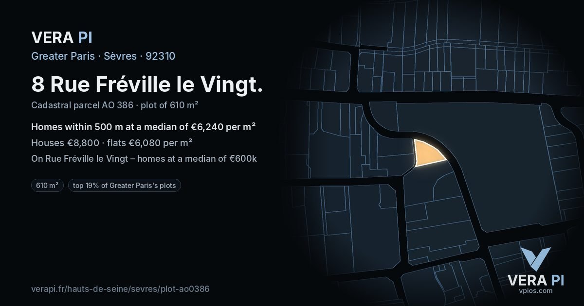 8 Rue Fréville le Vingt, Sèvres at night – the plot lit, the parcels around coloured by the prices near them