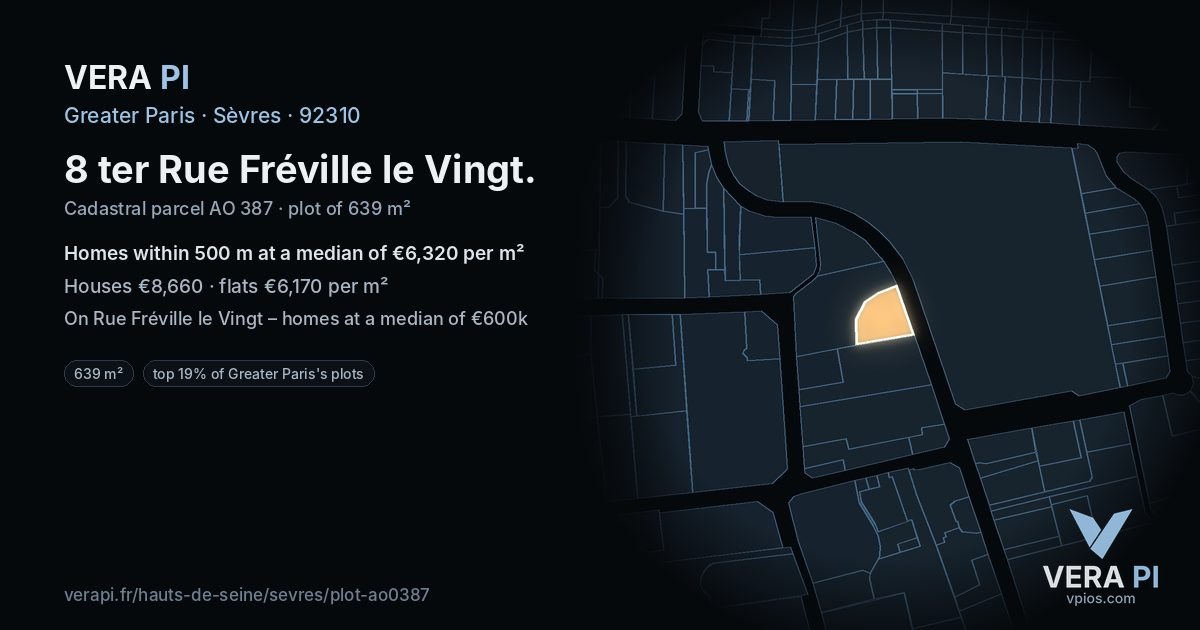 8 ter Rue Fréville le Vingt, Sèvres at night – the plot lit, the parcels around coloured by the prices near them