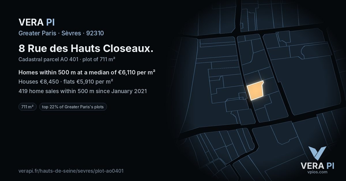 8 Rue des Hauts Closeaux, Sèvres at night – the plot lit, the parcels around coloured by the prices near them