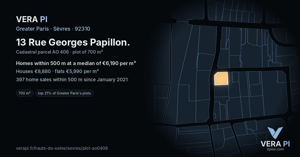 13 Rue Georges Papillon, Sèvres at night – the plot lit, the parcels around coloured by the prices near them