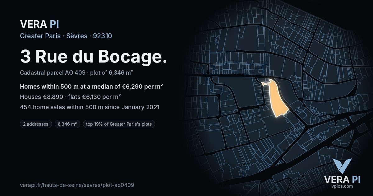 3 Rue du Bocage, Sèvres at night – the plot lit, the parcels around coloured by the prices near them