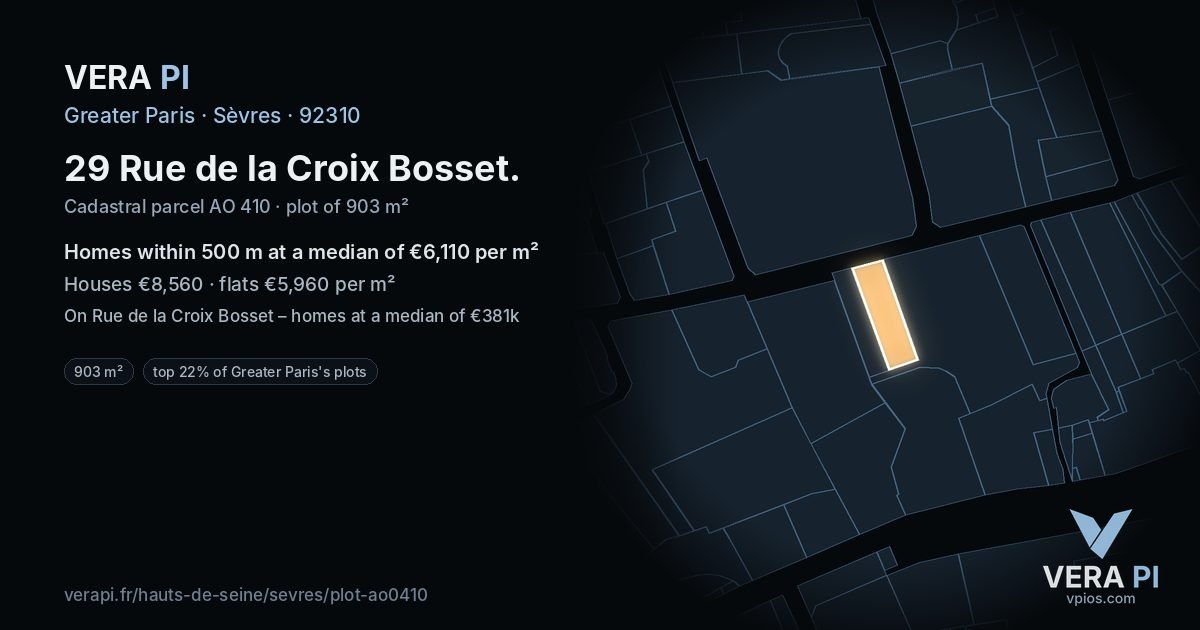 29 Rue de la Croix Bosset, Sèvres at night – the plot lit, the parcels around coloured by the prices near them