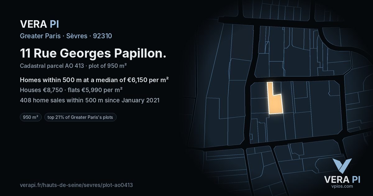 11 Rue Georges Papillon, Sèvres at night – the plot lit, the parcels around coloured by the prices near them