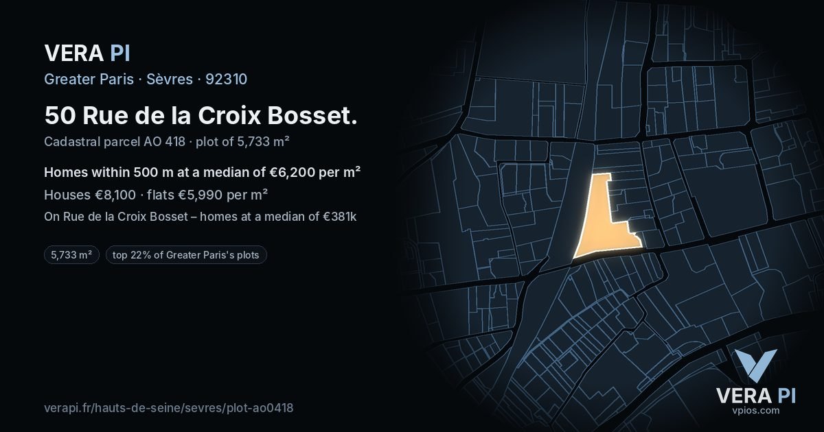 50 Rue de la Croix Bosset, Sèvres at night – the plot lit, the parcels around coloured by the prices near them