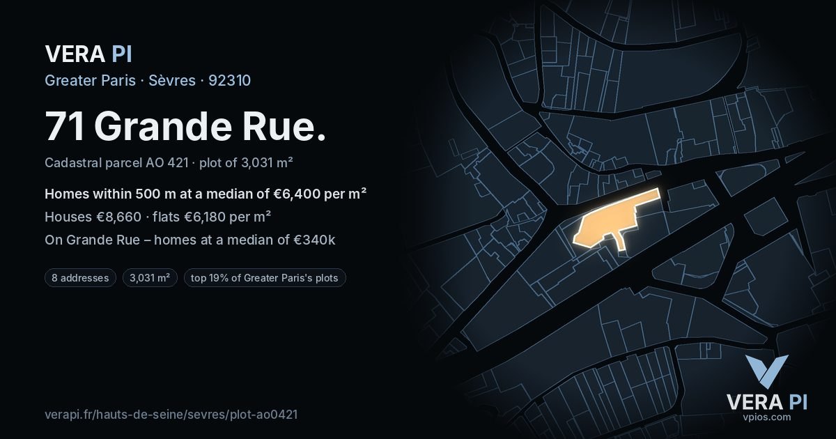 71 Grande Rue, Sèvres at night – the plot lit, the parcels around coloured by the prices near them
