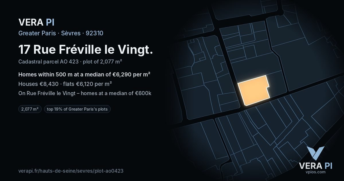 17 Rue Fréville le Vingt, Sèvres at night – the plot lit, the parcels around coloured by the prices near them