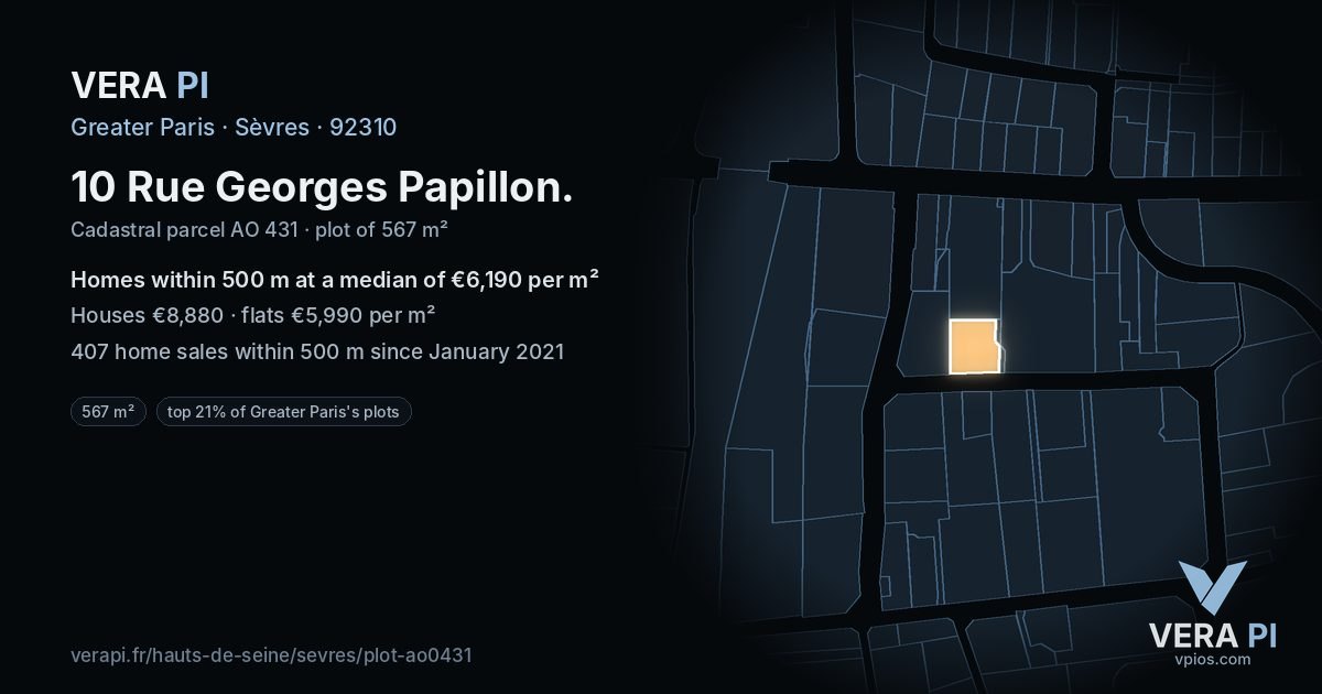 10 Rue Georges Papillon, Sèvres at night – the plot lit, the parcels around coloured by the prices near them