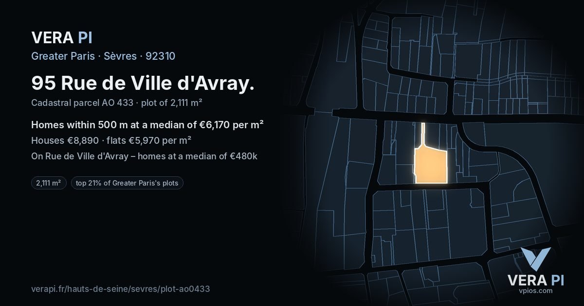 95 Rue de Ville d'Avray, Sèvres at night – the plot lit, the parcels around coloured by the prices near them