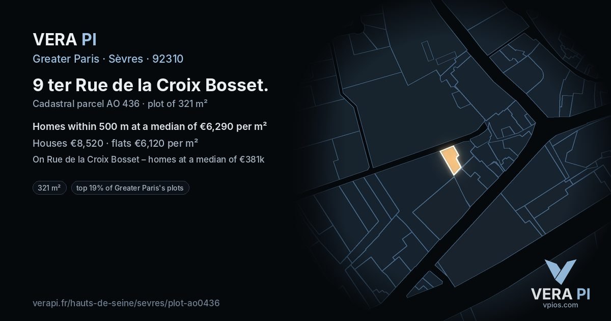 9 ter Rue de la Croix Bosset, Sèvres at night – the plot lit, the parcels around coloured by the prices near them